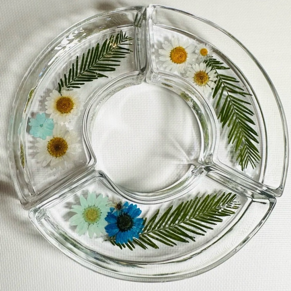 Hand Crafted Floral Glass Divided Trinket Dish Set of 3